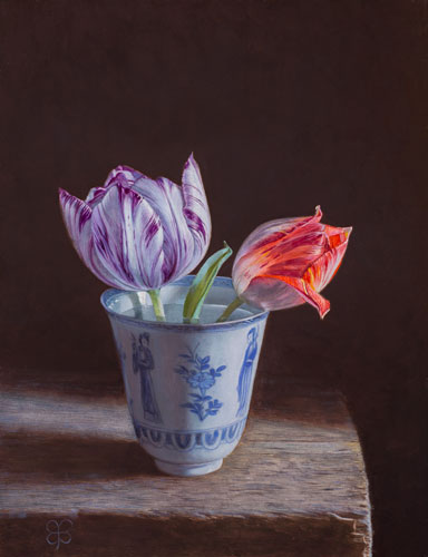 Beker-met-tulpen-2018-olieverf-op-masonite-27-x-21-cm-1 Stock