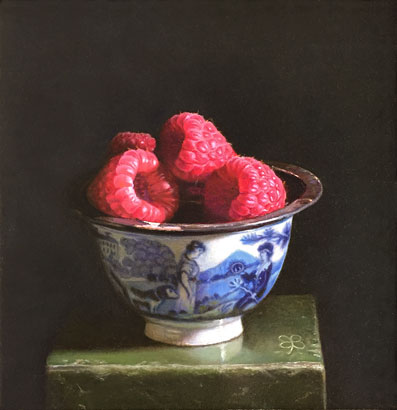 Blauw-kommetje-met-frambozen-2019-olieverf-op-masonite-14-x-14-cm-1 Stock