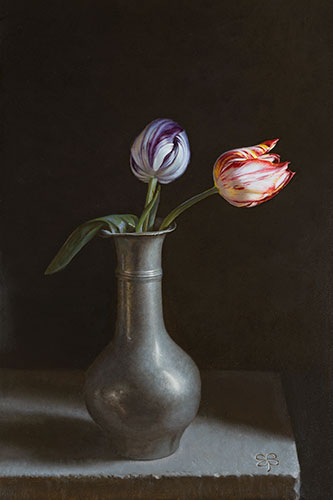 Stilleven-met-Rembrandt-en-Saskia-tulp-2022-0lieverf-op-paneel-30-x-185-cm Tulpomania