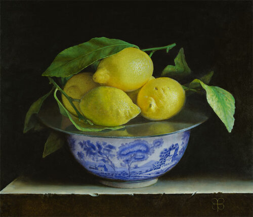 Blauwe-kom-met-citroenen-2025-olieverf-op-paneel-33-x-385cm-500x429 Stock